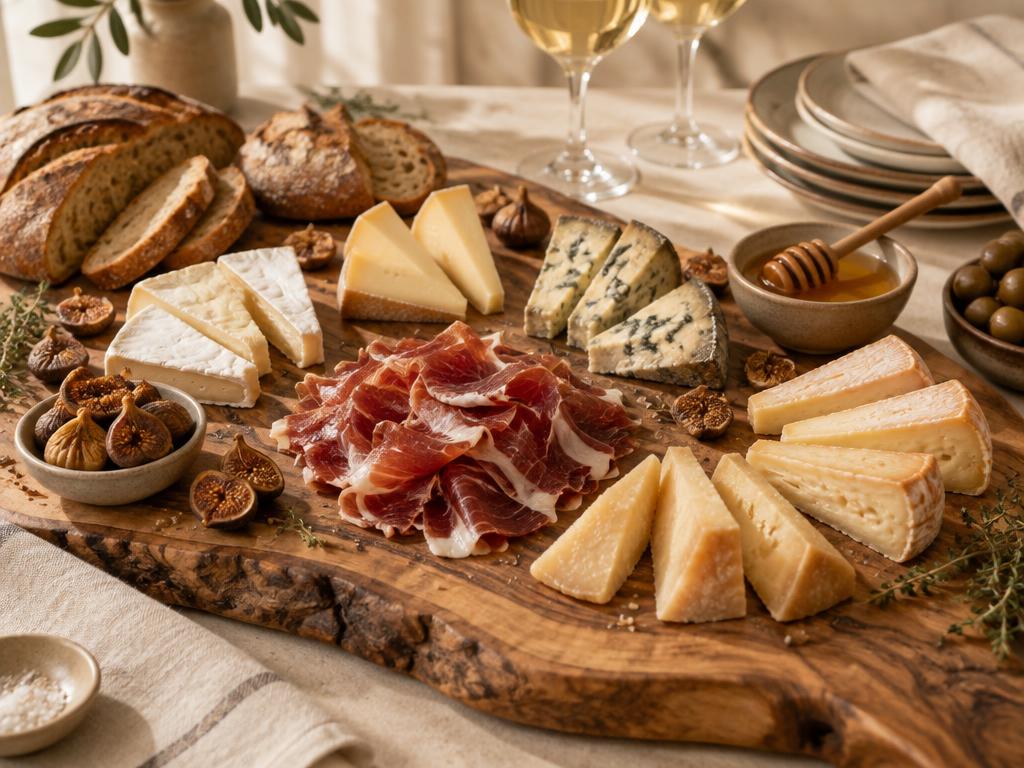 Plateau convivial de fromages avec pata negra, pain et figues