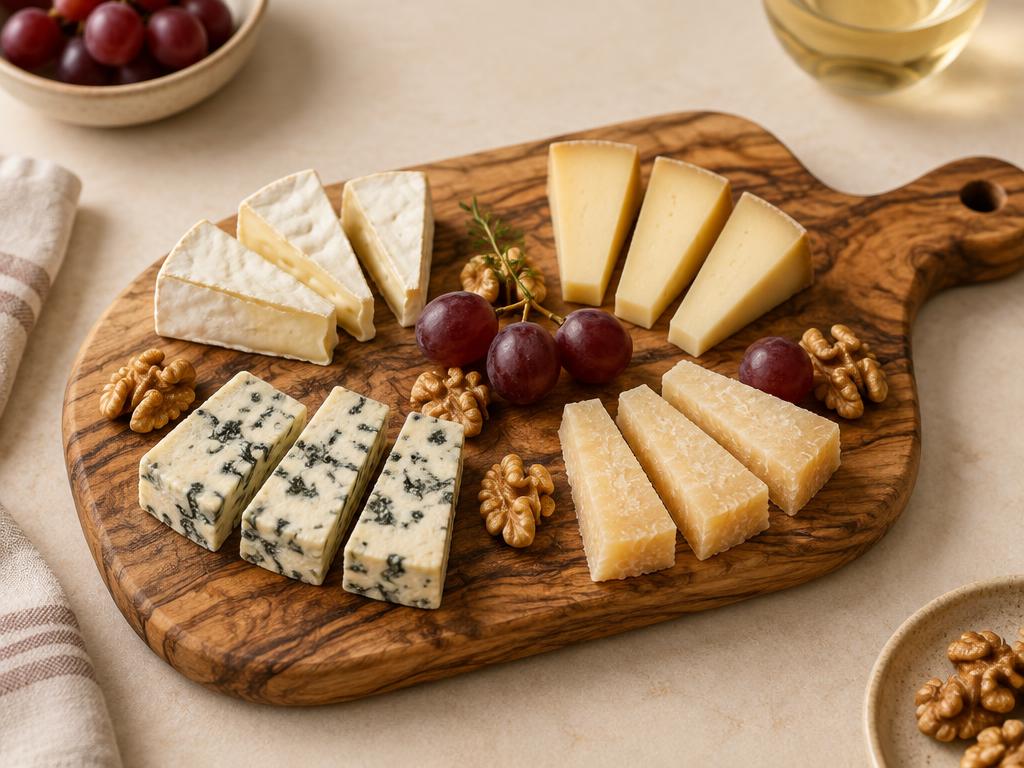 Petit plateau de fromages découpés en morceaux sur planche d'olivier