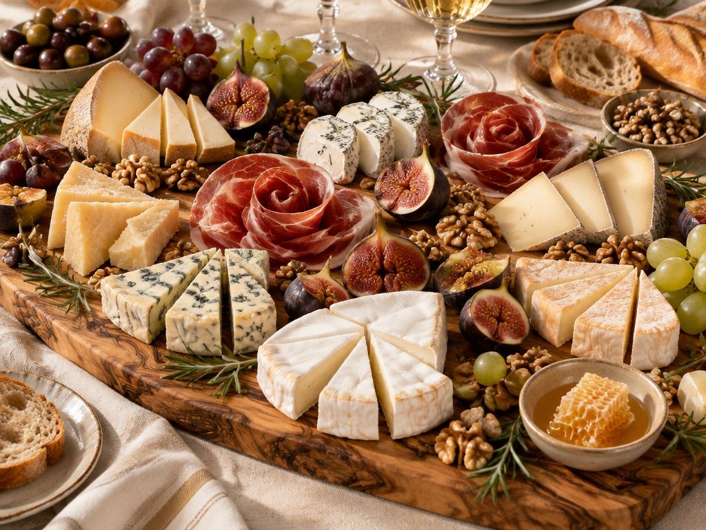 Grand plateau festif de fromages avec roses de pata negra et fruits